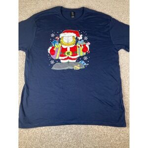 Garfield Santa Christmas T Shirt Navy Blue Graphic Print Short‎ Sleeve size XL